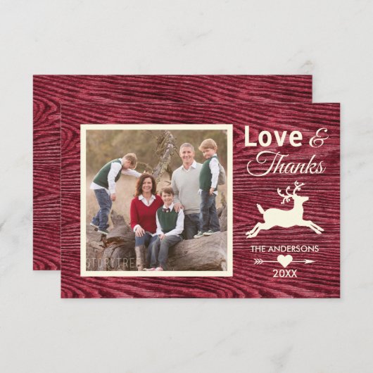 愛は赤く素朴な木製の家族写真の休日を感謝していしています サンキューカード (正面/裏面)