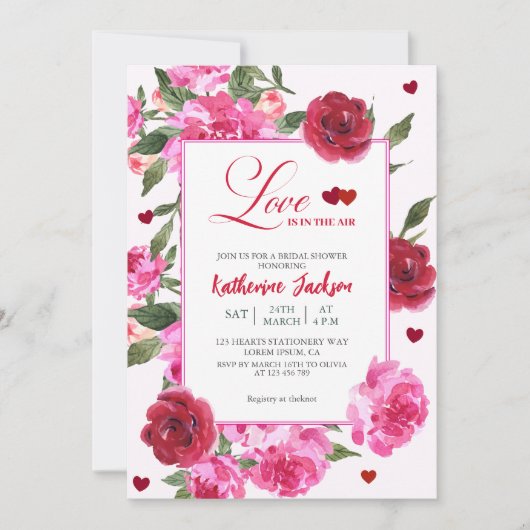 愛は赤とピンクのブライダルシャワー 招待状 (正面)