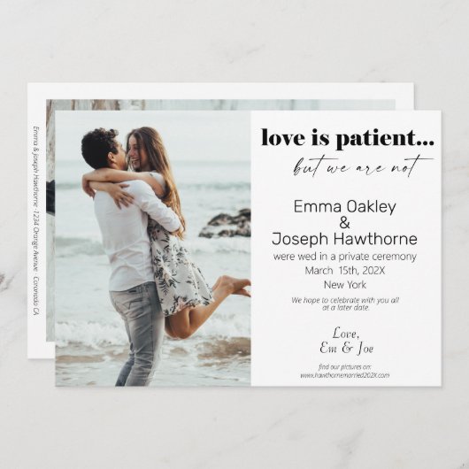 「愛は辛抱強いが、我々は辛抱強くな結婚い」の写真An 案内状 (正面/裏面)