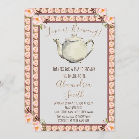 愛は醸し出している |フローラフレームティーブライダルシャワー 招待状 (正面/裏面)