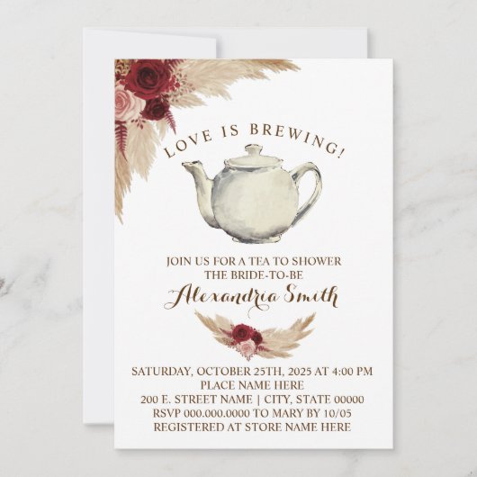 愛は醸し出し茶ブライダルシャワーパンパスグラス 招待状 (正面)