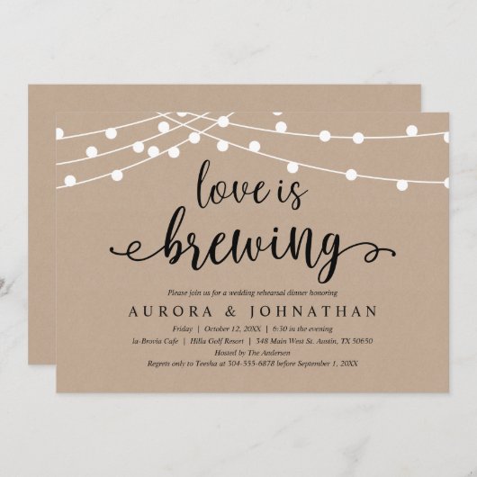 『愛は醸し出し、クラフト・素朴リハーサル・ディナー』 招待状 (正面/裏面)