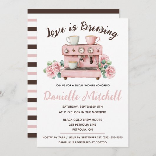愛は醸造され、エスプレッソをテーマにしたブライダルシャワー 招待状 (正面/裏面)