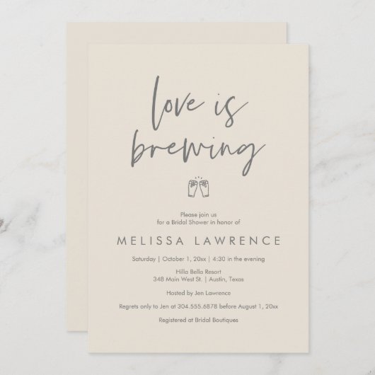 愛は醸造され、エレガンスブライダルシャワービールパーティー 招待状 (正面/裏面)