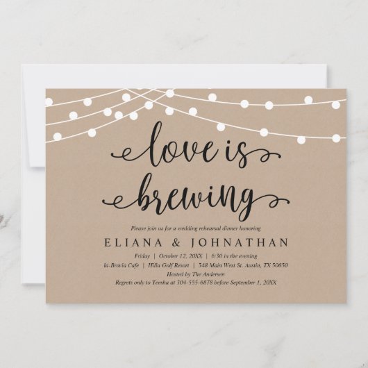 愛は醸造され、クラフト素朴リハーサルディナー 招待状 (正面)