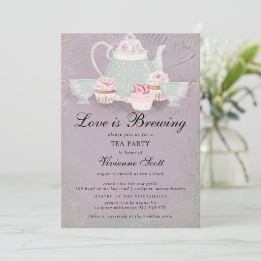 愛は醸造ほこりっぽい紫のブライダルシャワー 招待状 (スタンド正面)