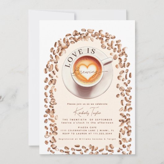 愛は醸造コーヒーカップハートブライダルシャワー 招待状 (正面)