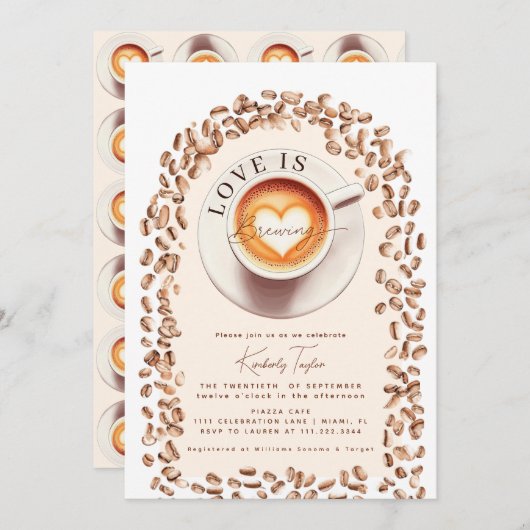 愛は醸造コーヒーカップハートブライダルシャワー 招待状 (正面/裏面)