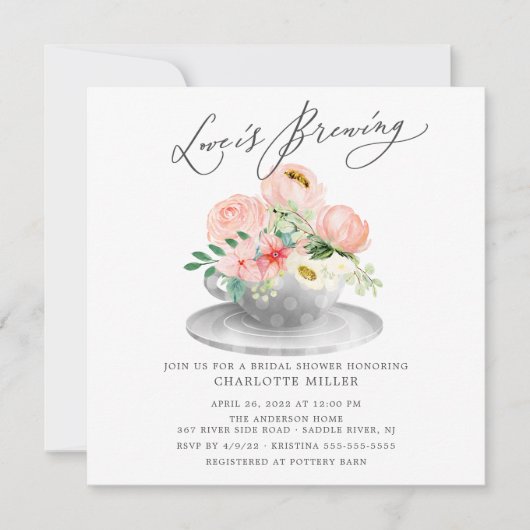 愛は醸造ピンクのフローラブライダルティーシャワーインビ 招待状 (正面)