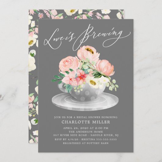 愛は醸造ピンクのフローラブライダルティーシャワー 招待状 (正面/裏面)