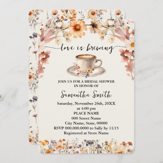 愛は醸造ブライダルシャワーコーヒー野花 招待状 (正面/裏面)