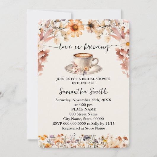 愛は醸造ブライダルシャワーコーヒー野花 招待状 (正面)
