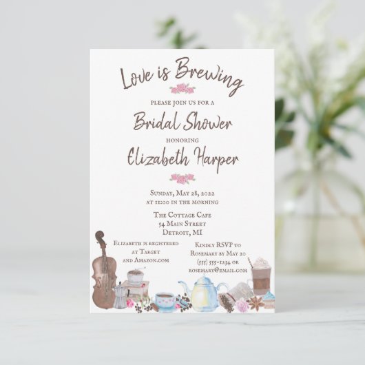 愛は醸造、コーヒーをテーマにしたシャワー招待状 招待状 (スタンド正面)