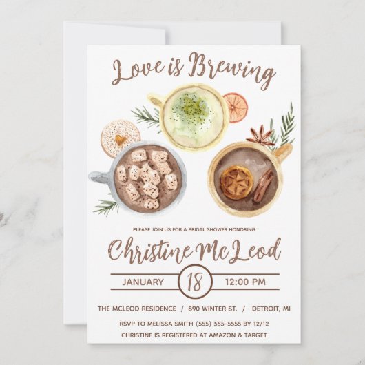 愛は醸造、ホットココア、コーヒー、ブライダルシャワー 招待状 (正面)