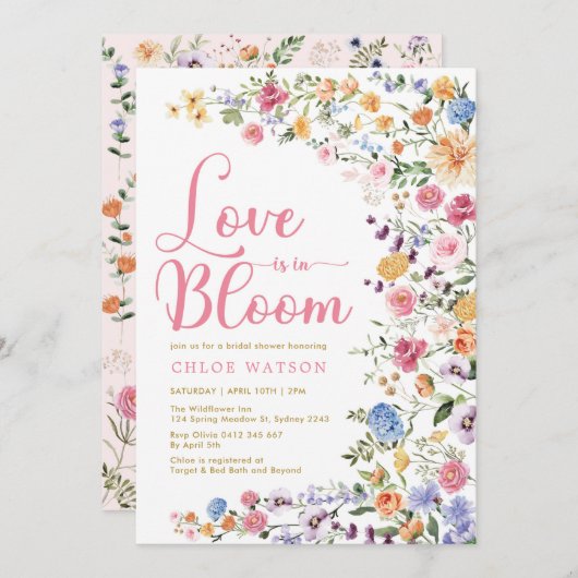 愛は開花カラフルワイルドフラワーブライダルシャワー 招待状 (正面/裏面)