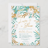 愛は開花ティール（緑がかった色）金ゴールドフローラブライダルシャワー 招待状 (正面)