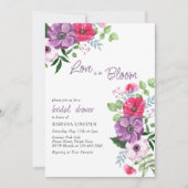 愛は開花パープルピンクフローラブライダルシャワー 招待状 (正面)