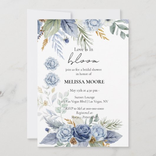 愛は開花ブライダルシャワーほこりっぽい青い花 招待状 (正面)