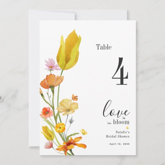 愛は開花ブライダルシャワーテーブル番号カード 招待状 (正面)