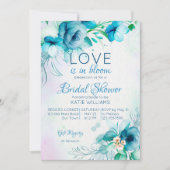 愛は開花ブルーティール（緑がかった色）花ブライダルシャワー 招待状 (正面)