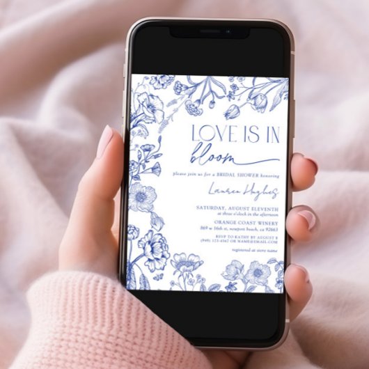 愛は開花ブルーヴィンテージフローラブライダルシャワー 招待状