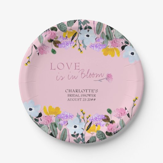 愛は開花ワイルドフラワーの芝生のフローラピンク ペーパープレート (正面)