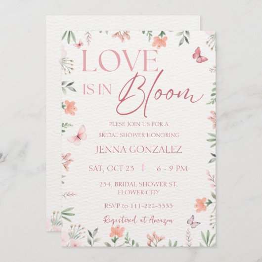 愛は開花ワイルドフラワー春ブライダルシャワー 招待状 (正面/裏面)