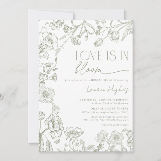 愛は開花ヴィンテージセージ緑のフローラシャワー 招待状 (正面)