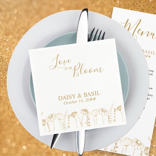 愛は開花金ゴールドワイルドフラワースケッチ結婚の スタンダードカクテルナプキン