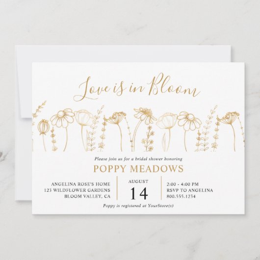 愛は開花金ゴールドワイルドフラワーブライダルシャワー 招待状 (正面)