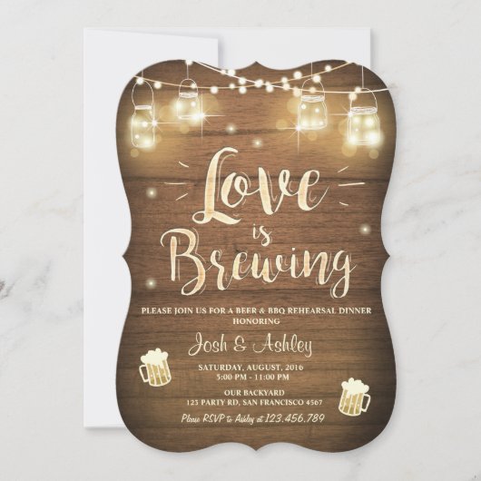 愛はbbqリハーサルの醸造ブライダルシャワーウッド 招待状 (正面)