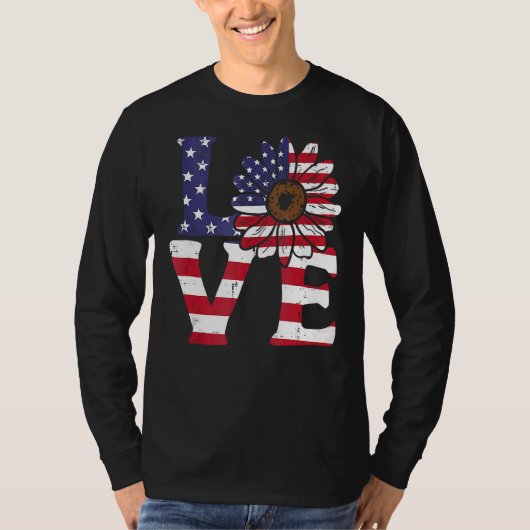 愛ひまわりアメリカ国旗パトリオ7月Wの4日 Tシャツ (正面)
