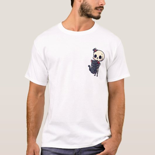 愛らしいおしゃれなスケルトンが笑顔の黒猫を抱っこ Tシャツ (正面)