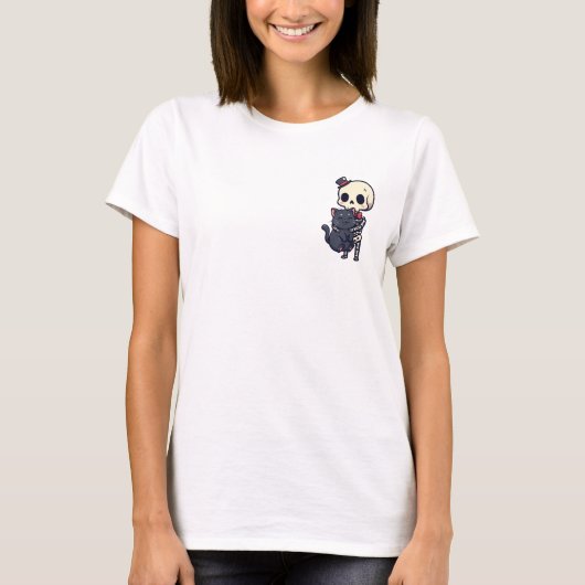 愛らしいおしゃれなスケルトンが笑顔の黒猫を抱っこ Tシャツ (正面)