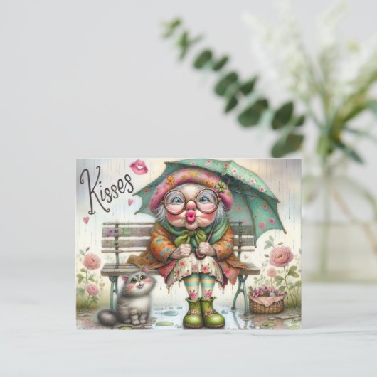 愛らしいおばあちゃんや猫が楽しめるキス ポストカード (スタンド正面)