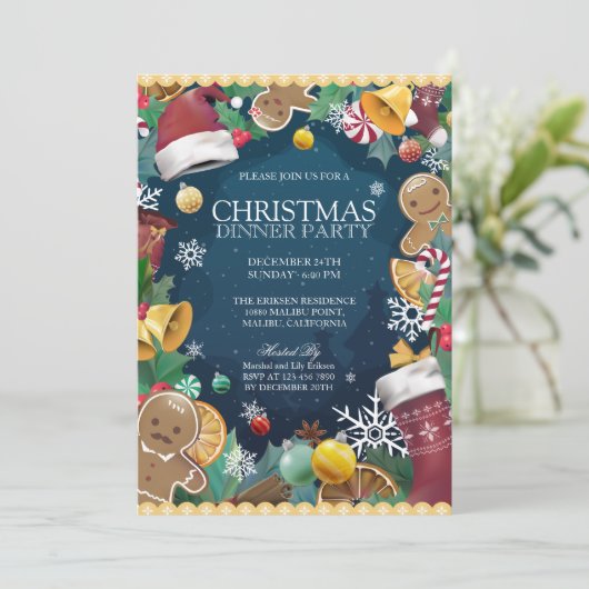 愛らしいおもしろいクリスマスディナーパーティの招待状 招待状 (スタンド正面)