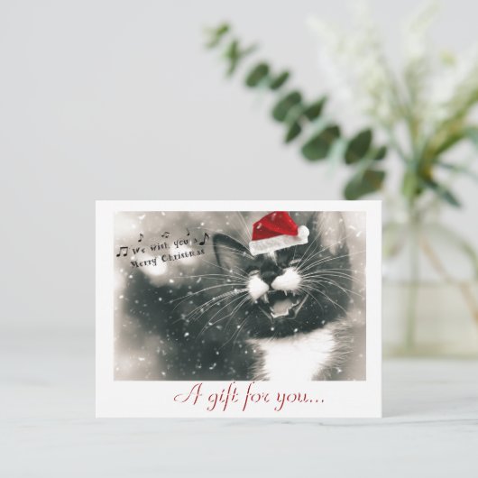 愛らしいおもしろいクリスマス猫の贈り物の証明書を ポストカード (スタンド正面)