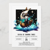 愛らしいおもしろい海賊誕生日 招待状 (正面/裏面)