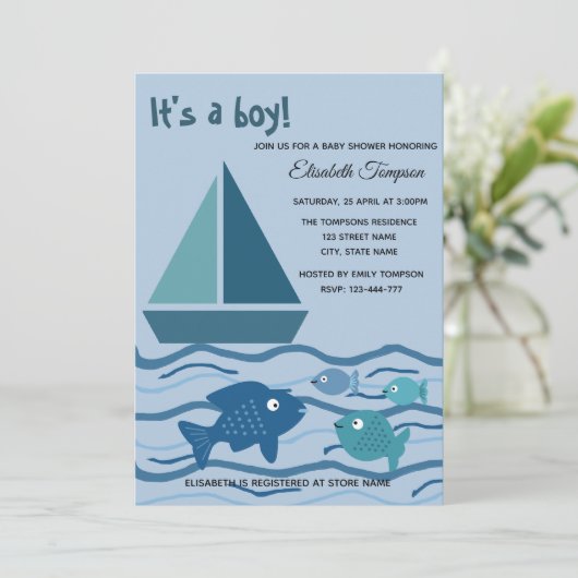 愛らしいおもしろい海軍の船と魚の男の子の赤ちゃんシャワー 招待状 (スタンド正面)