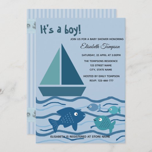 愛らしいおもしろい海軍の船と魚の男の子の赤ちゃんシャワー 招待状 (正面/裏面)