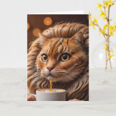 愛らしいおもしろい猫がコーヒーマグを飼っている カード (黄色い花)