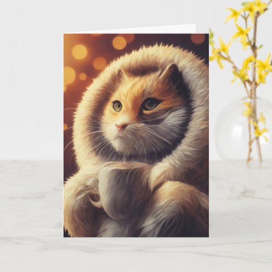 愛らしいおもしろい猫がコーヒーマグを飼っている カード (黄色い花)