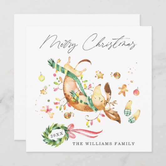 愛らしいかわいいハッピードッグダックスフントクリスマスライト シーズンカード (正面/裏面)