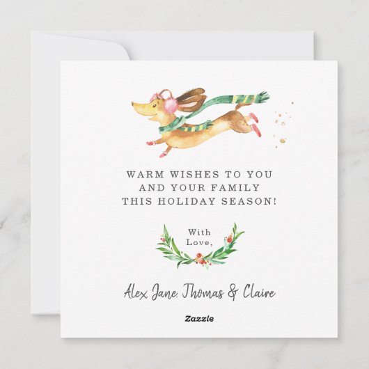 愛らしいかわいいハッピードッグダックスフントクリスマスライト シーズンカード (裏面)