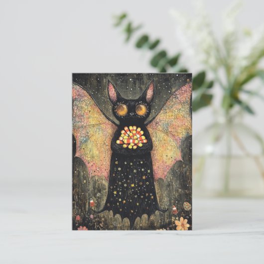 愛らしいこうもりとキャンディコーンハロウィーン ポストカード (スタンド正面)