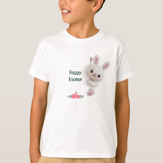 愛らしいのぞき込む3Dうさぎ（編集可能なイースター付き） Tシャツ (正面)