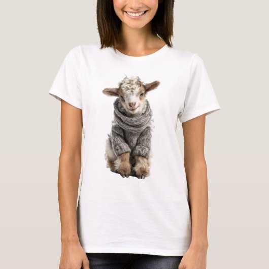 愛らしいふわふわの子羊が編みニットを着て Tシャツ (正面)