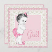 愛らしいアイボリーとピンクの赤ちゃんシャワー 招待状 (正面/裏面)