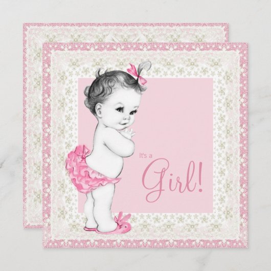 愛らしいアイボリーとピンクの赤ちゃんシャワー 招待状 (正面/裏面)