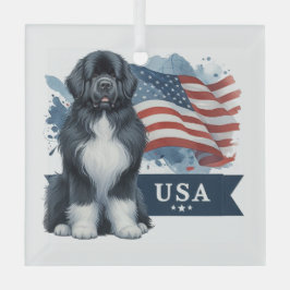 愛らしいアイリッシュスポット柄のニューファンドランド犬の愛国的なスクエアデザイン ガラスオーナメント